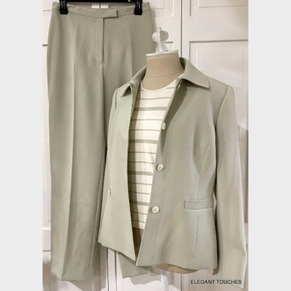 Tahari Arthur S Levine Petite 3 pc Set Jacket Top Pant Suit sz 6P Pale Green